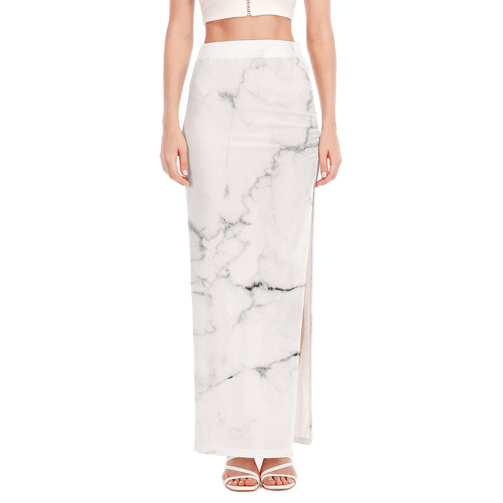 White Grunge Marble Print High Slit Maxi Skirt