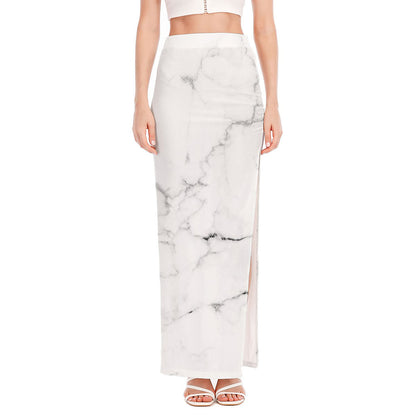 White Grunge Marble Print High Slit Maxi Skirt