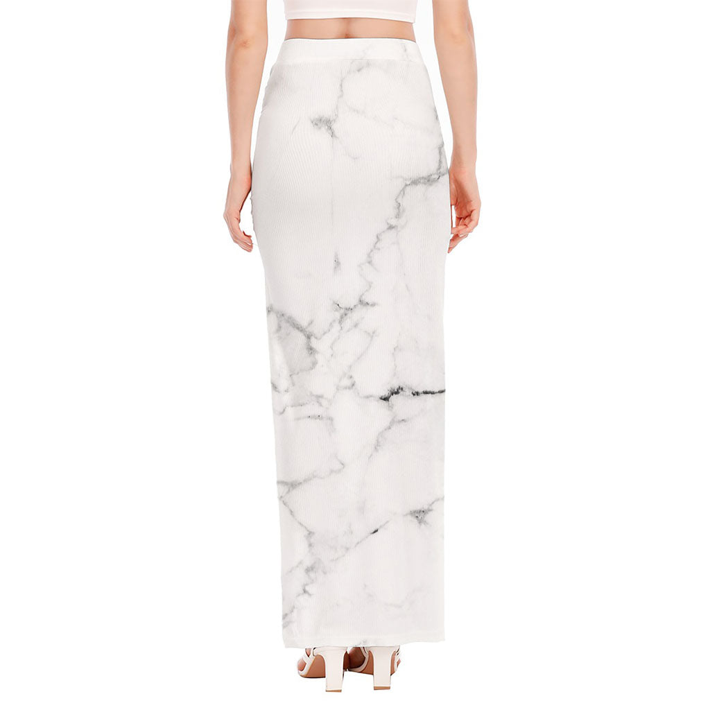White Grunge Marble Print High Slit Maxi Skirt