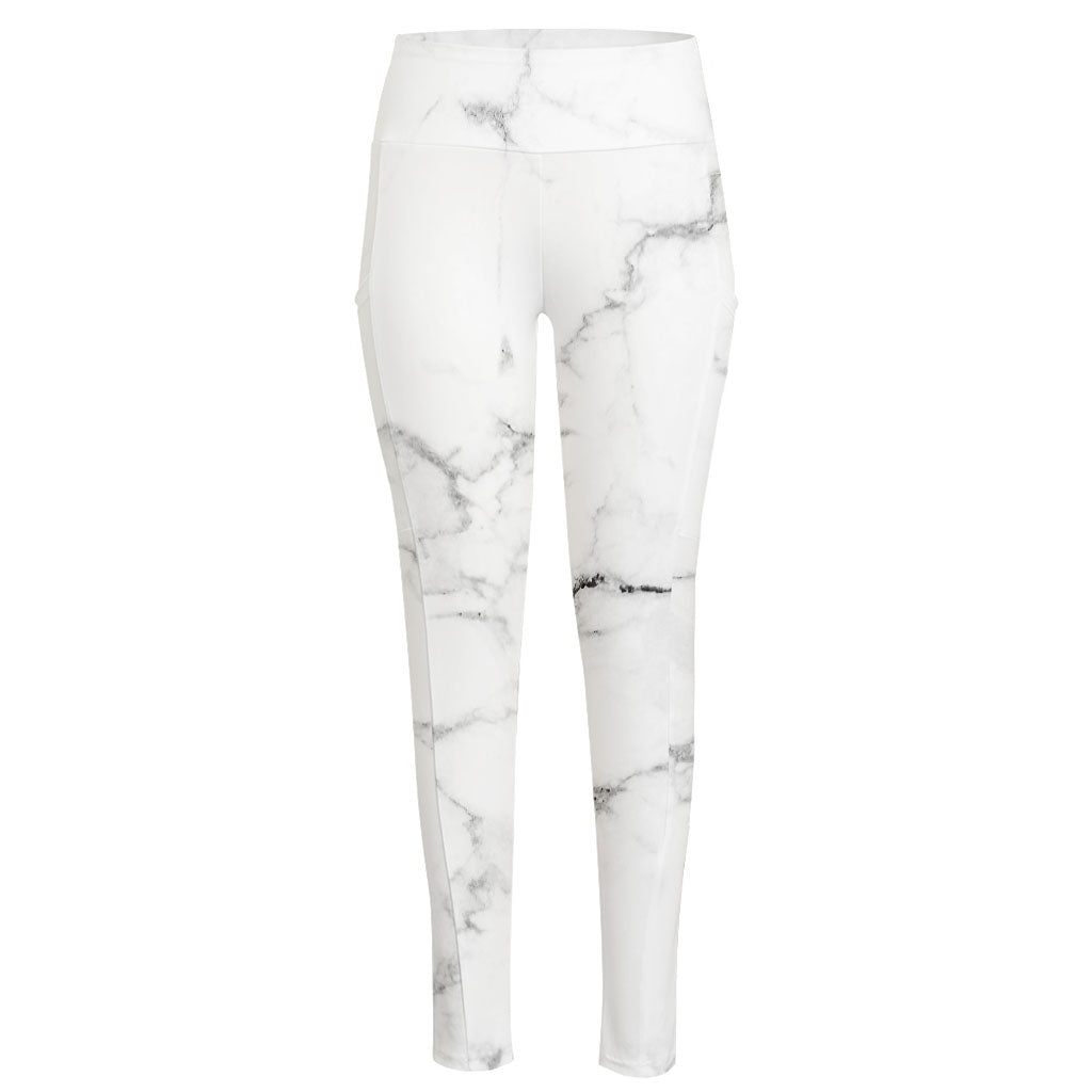 White Grunge Marble Print High-Waisted Pocket Leggings
