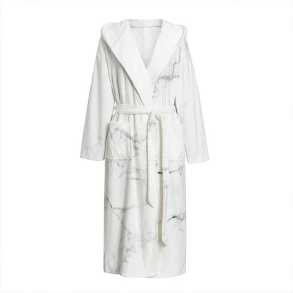 White Grunge Marble Print Hooded Bathrobe