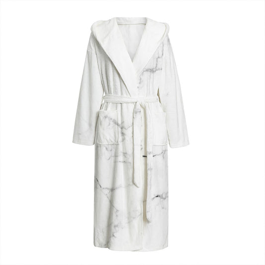 White Grunge Marble Print Hooded Bathrobe