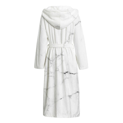 White Grunge Marble Print Hooded Bathrobe