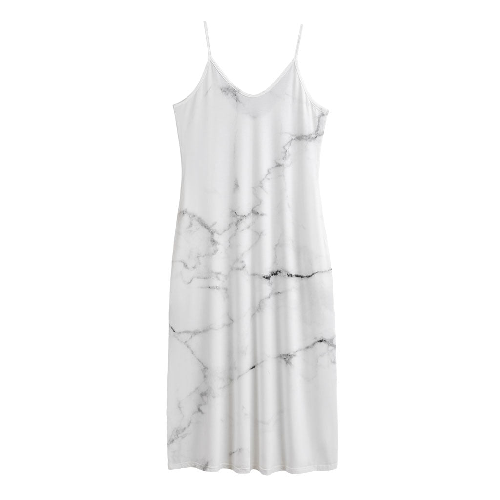 White Grunge Marble Print Jersey Midi Cami Dress