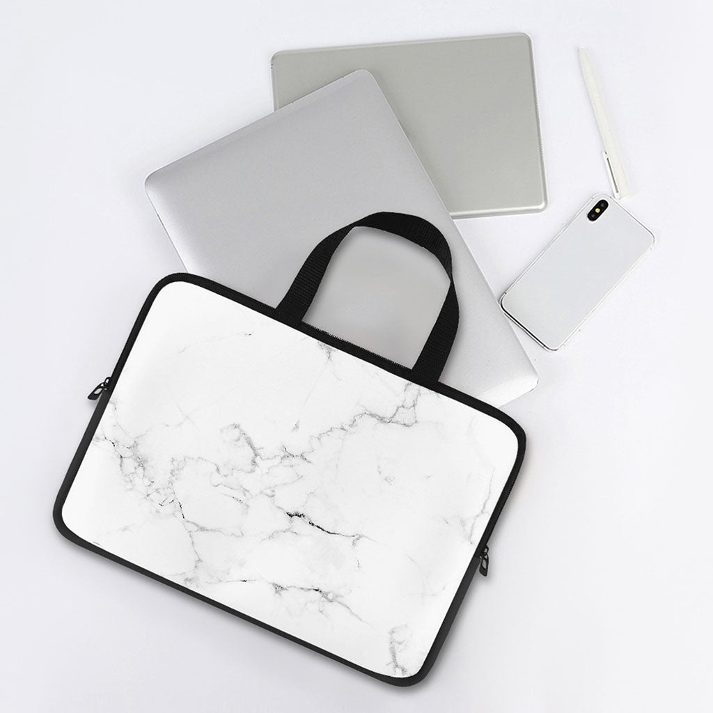 White Grunge Marble Print Laptop Sleeve With Handle