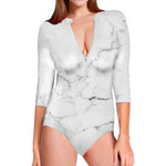 White Grunge Marble Print Long Sleeve Swimsuit