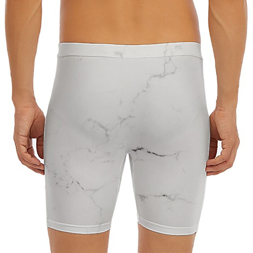 White Grunge Marble Print Men's Long Boxer Briefs