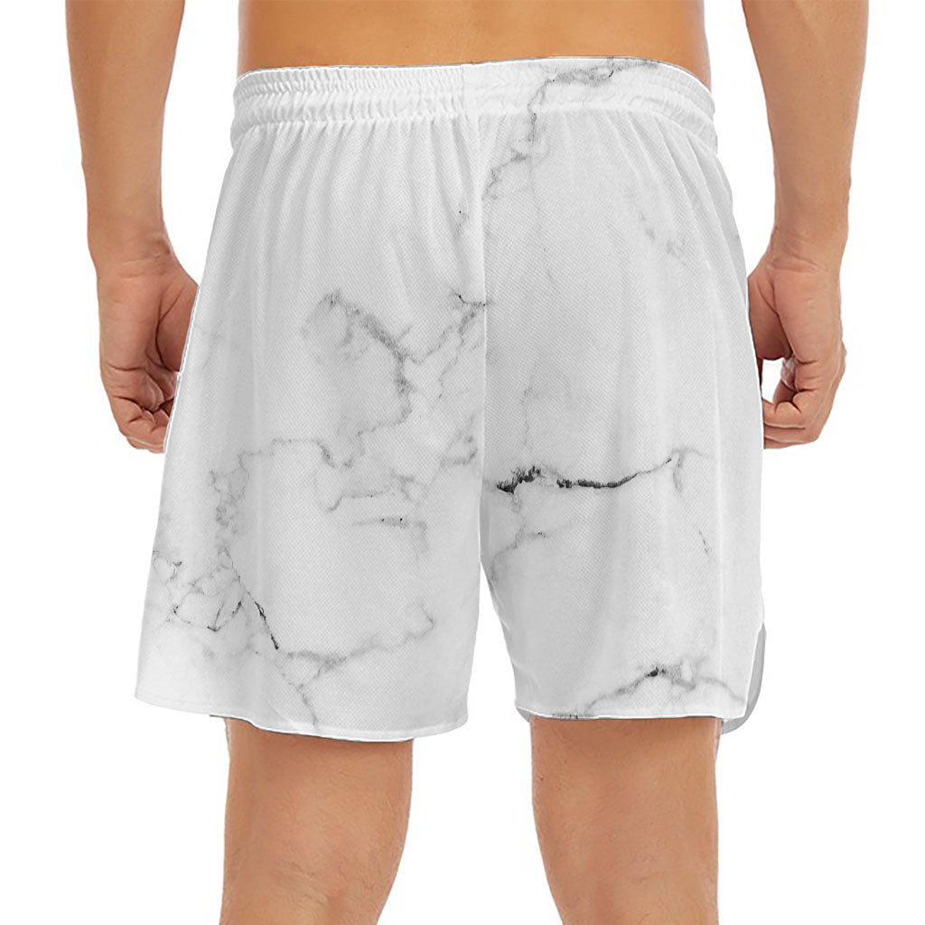 White Grunge Marble Print Men's Split Running Shorts