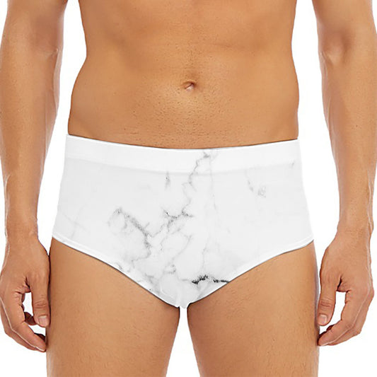 White Grunge Marble Print Men's Triangle Swim Briefs