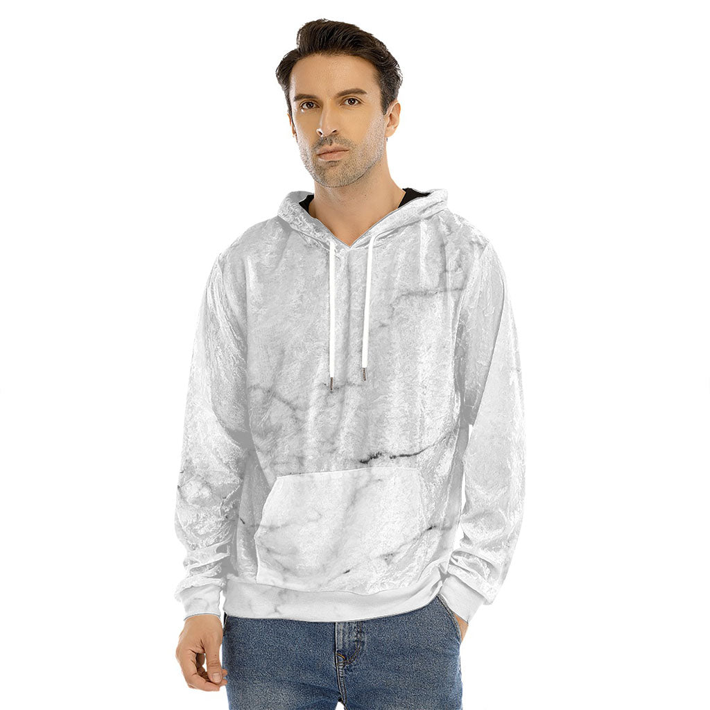 White Grunge Marble Print Men's Velvet Pullover Hoodie