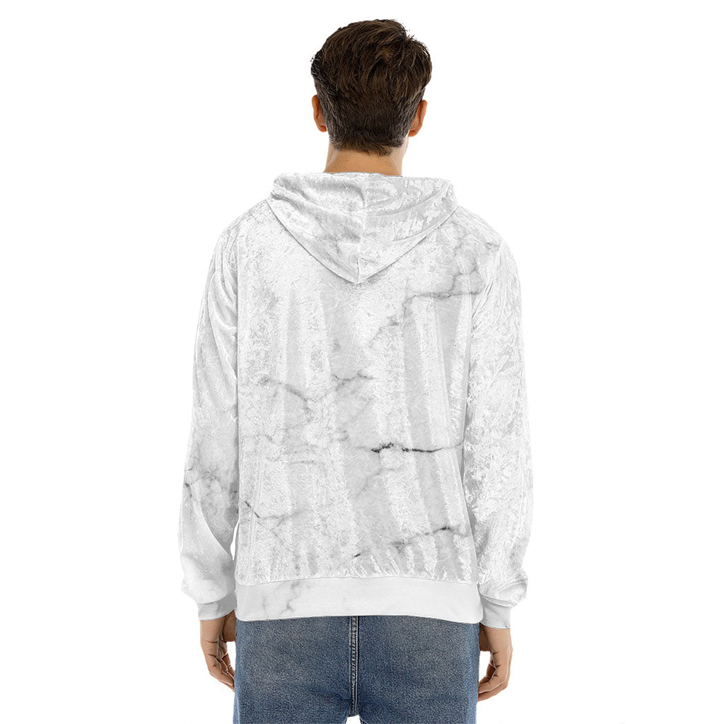 White Grunge Marble Print Men's Velvet Pullover Hoodie