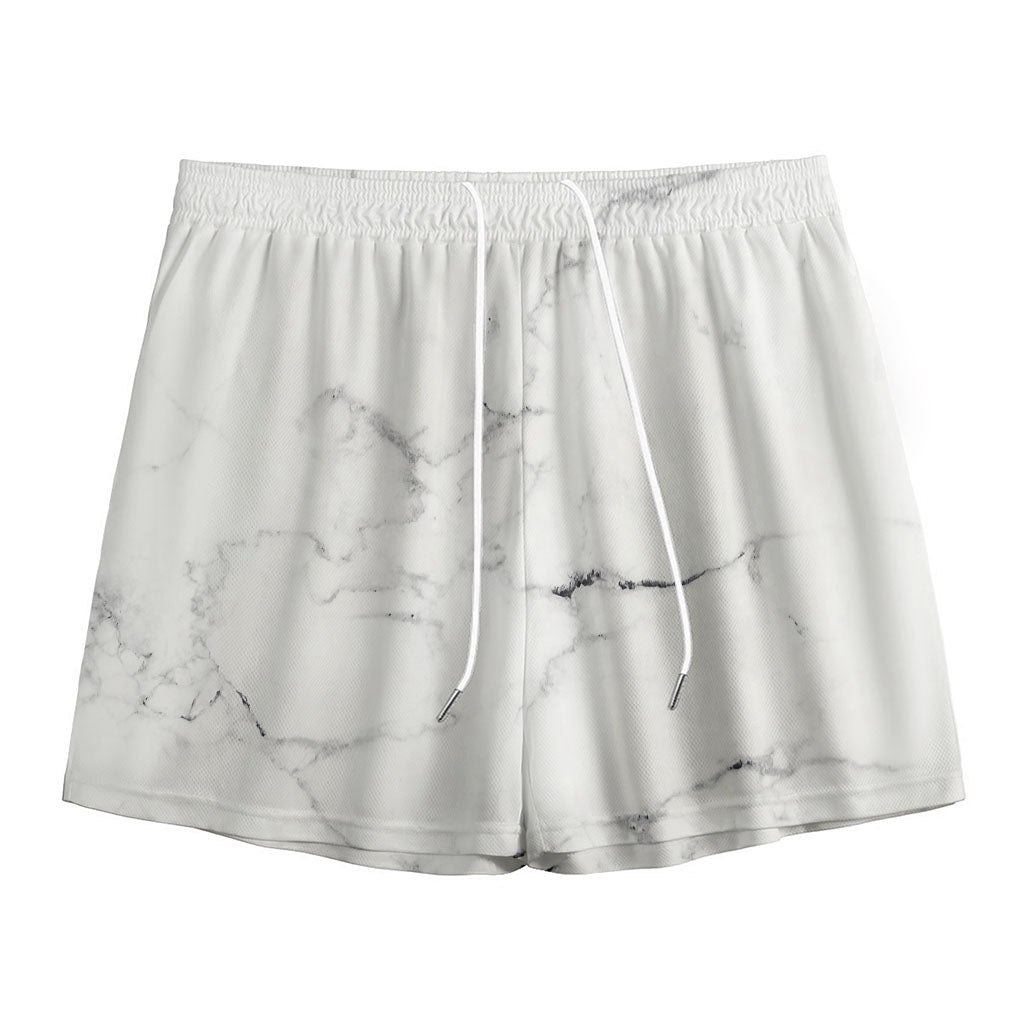 White Grunge Marble Print Mesh Shorts