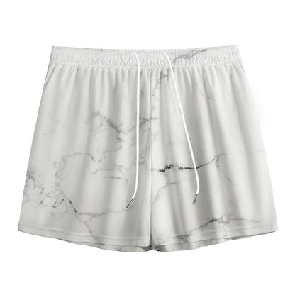 White Grunge Marble Print Mesh Shorts