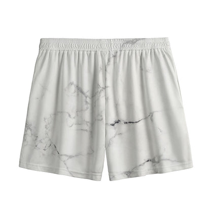 White Grunge Marble Print Mesh Shorts