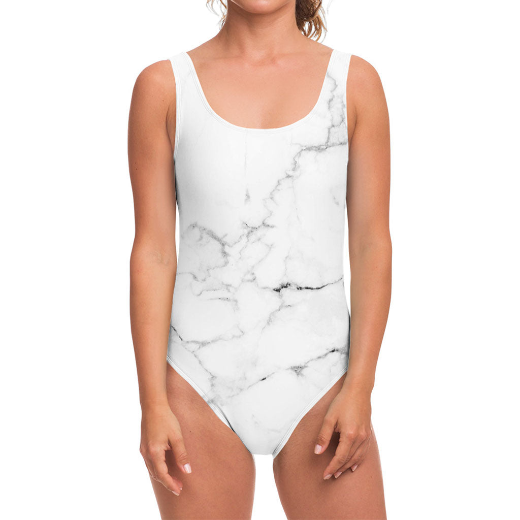 White Grunge Marble Print One Piece Swimsuit