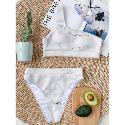White Grunge Marble Print One Shoulder Bikini Top