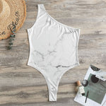 White Grunge Marble Print One Shoulder Bodysuit