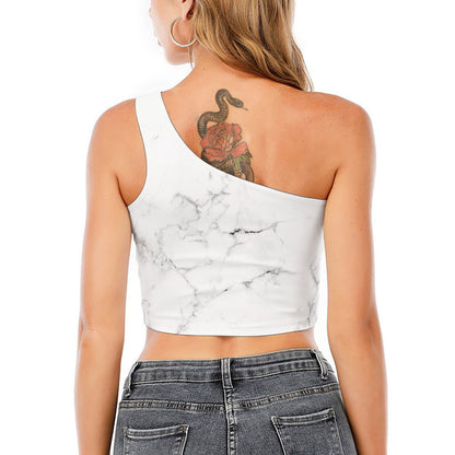 White Grunge Marble Print One Shoulder Crop Top
