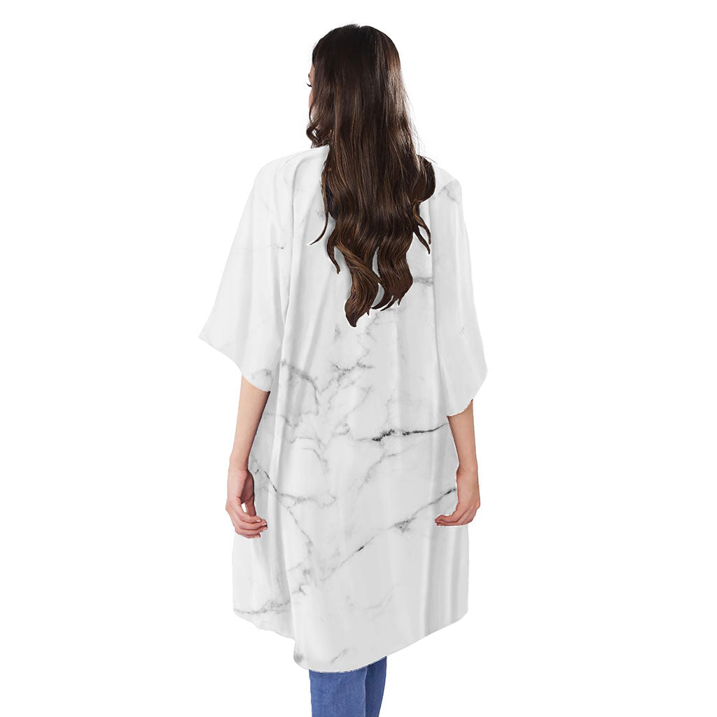 White Grunge Marble Print Open Front Beach Cover Up
