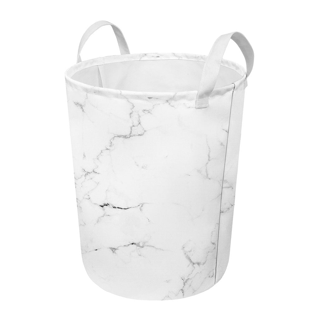 White Grunge Marble Print Round Laundry Basket