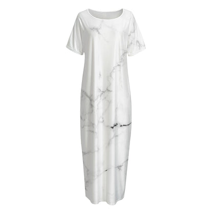 White Grunge Marble Print Short Sleeve Long Nightdress