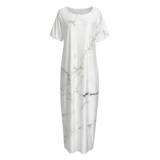 White Grunge Marble Print Short Sleeve Long Nightdress