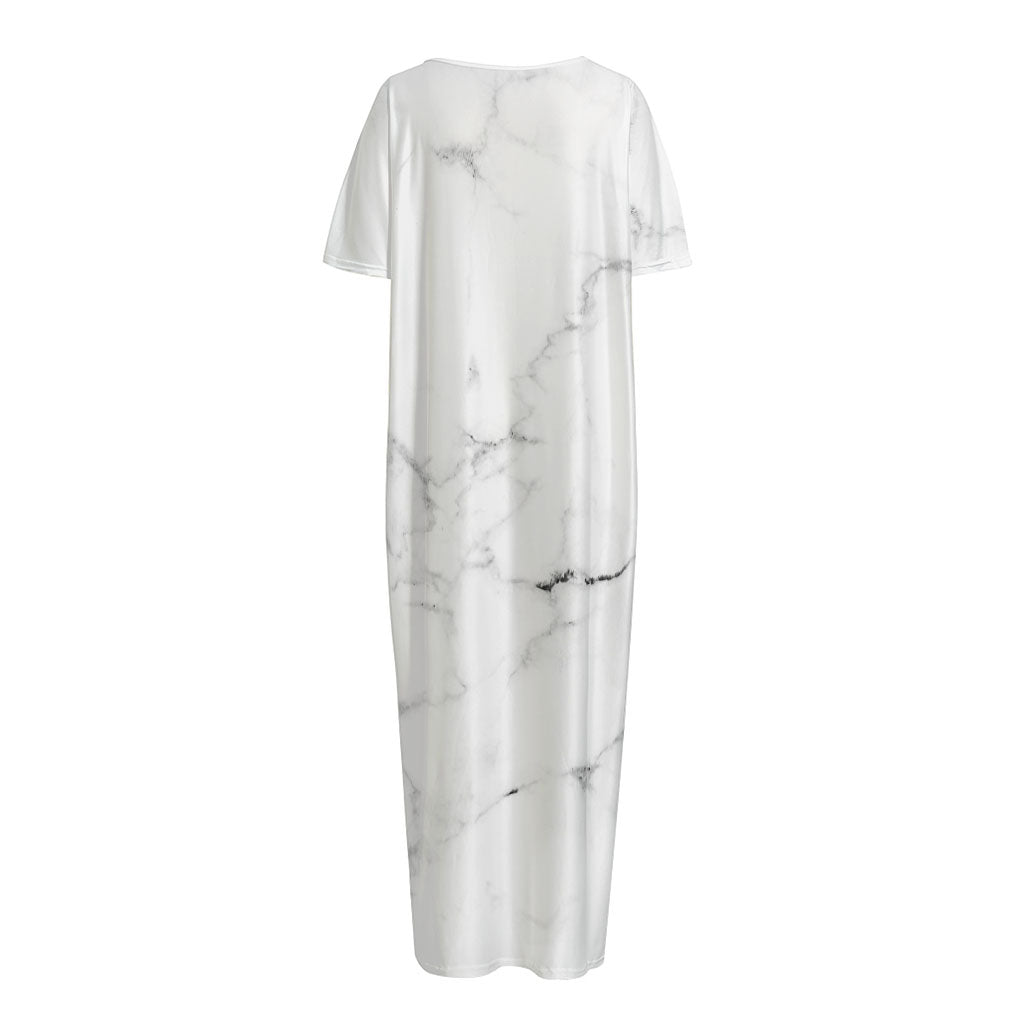 White Grunge Marble Print Short Sleeve Long Nightdress