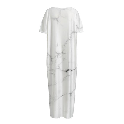 White Grunge Marble Print Short Sleeve Long Nightdress