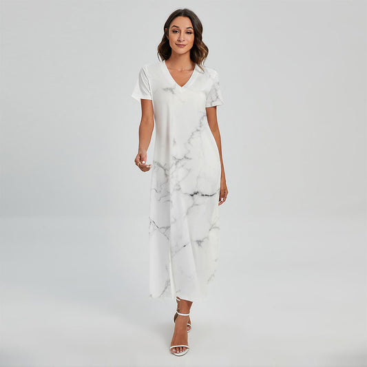 White Grunge Marble Print Short Sleeve Maxi Dress