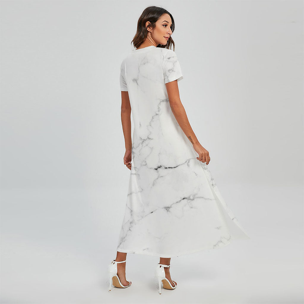 White Grunge Marble Print Short Sleeve Maxi Dress