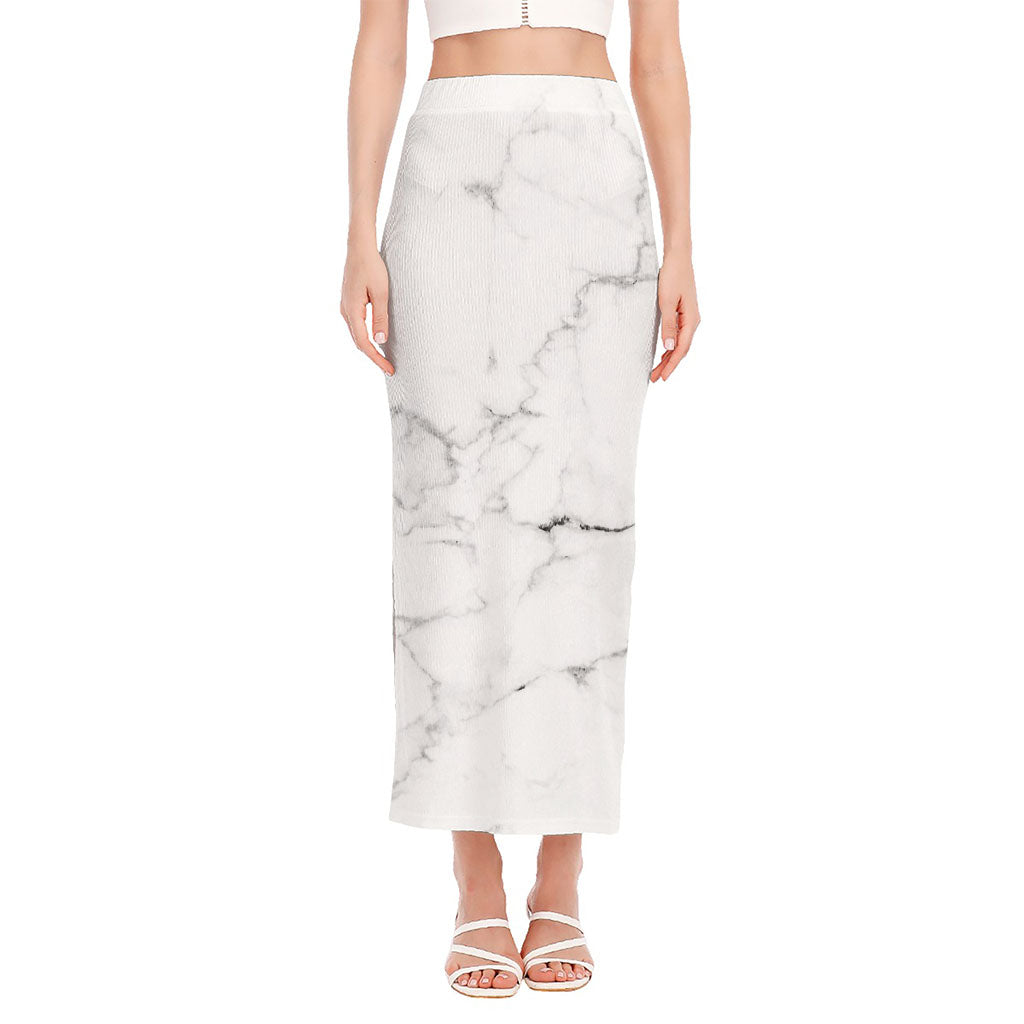 White Grunge Marble Print Side Slit Maxi Skirt