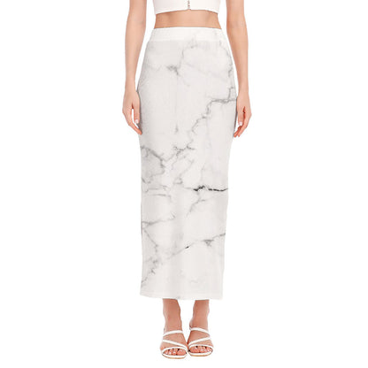 White Grunge Marble Print Side Slit Maxi Skirt