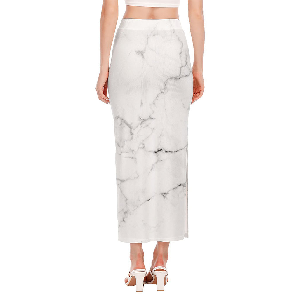 White Grunge Marble Print Side Slit Maxi Skirt
