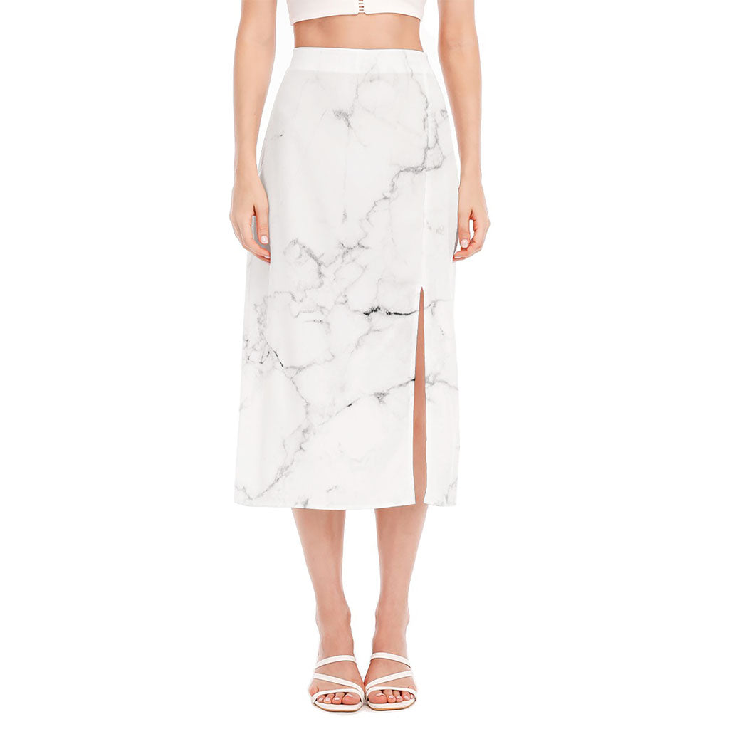White Grunge Marble Print Side Slit Midi Skirt