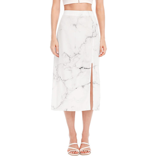 White Grunge Marble Print Side Slit Midi Skirt