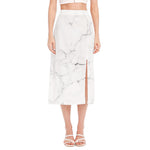 White Grunge Marble Print Side Slit Midi Skirt