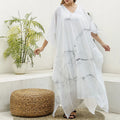 White Grunge Marble Print Silk V-Neck Kaftan Dress