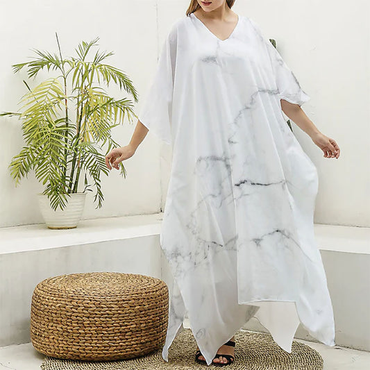 White Grunge Marble Print Silk V-Neck Kaftan Dress
