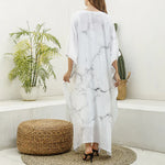 White Grunge Marble Print Silk V-Neck Kaftan Dress