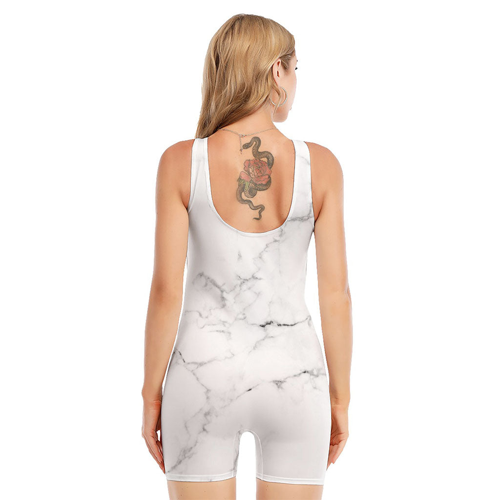 White Grunge Marble Print Sleeveless One Piece Swimsuit