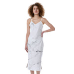White Grunge Marble Print Slim Fit Midi Cami Dress