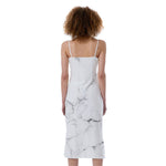 White Grunge Marble Print Slim Fit Midi Cami Dress