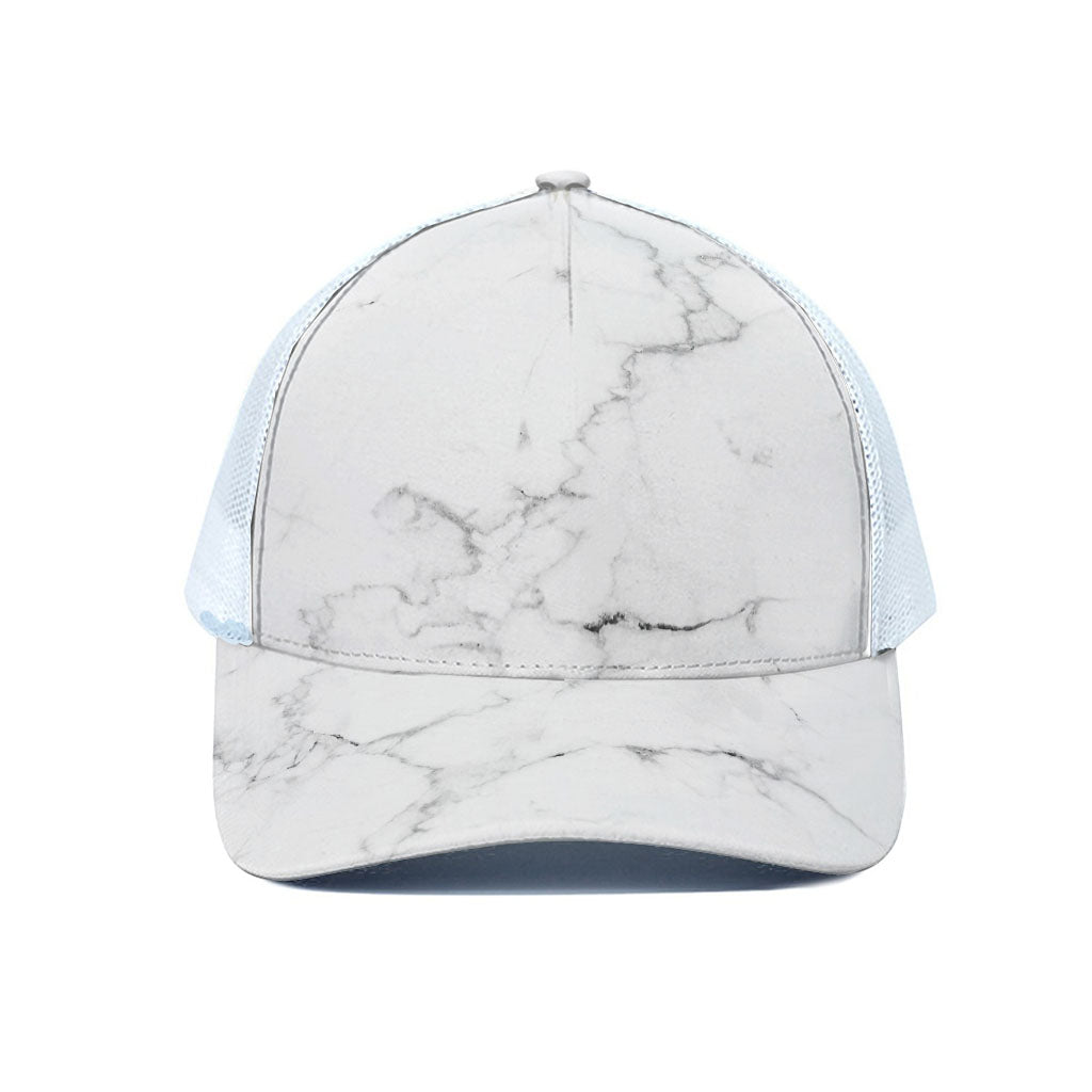 White Grunge Marble Print White Mesh Trucker Cap