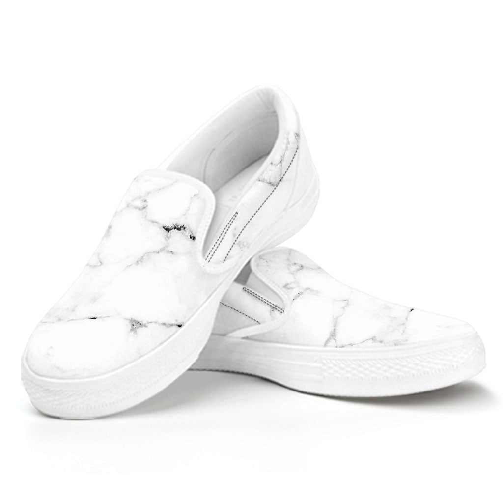 White Grunge Marble Print White Slip On Sneakers