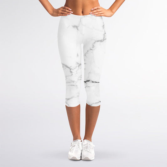 White Grunge Marble Print Women's Capri Leggings