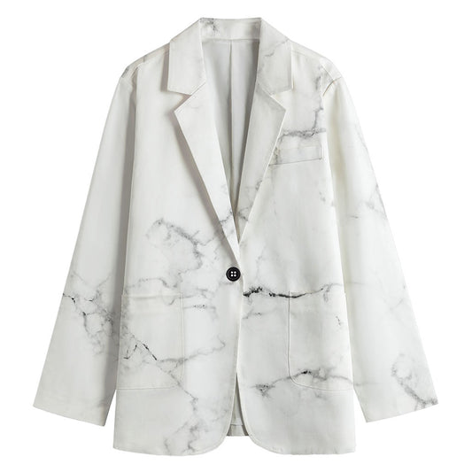 White Grunge Marble Print Women's Cotton Blazer