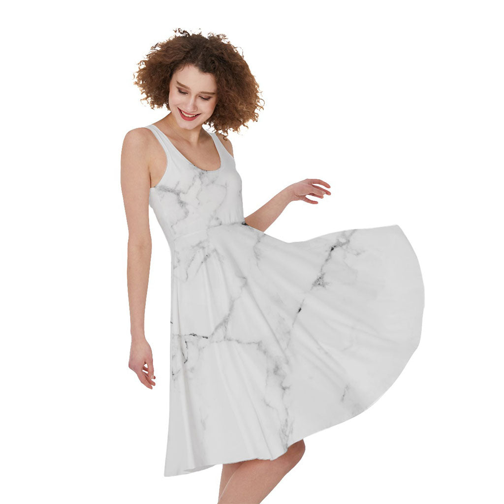 White Grunge Marble Print Women's Sleeveless Dress