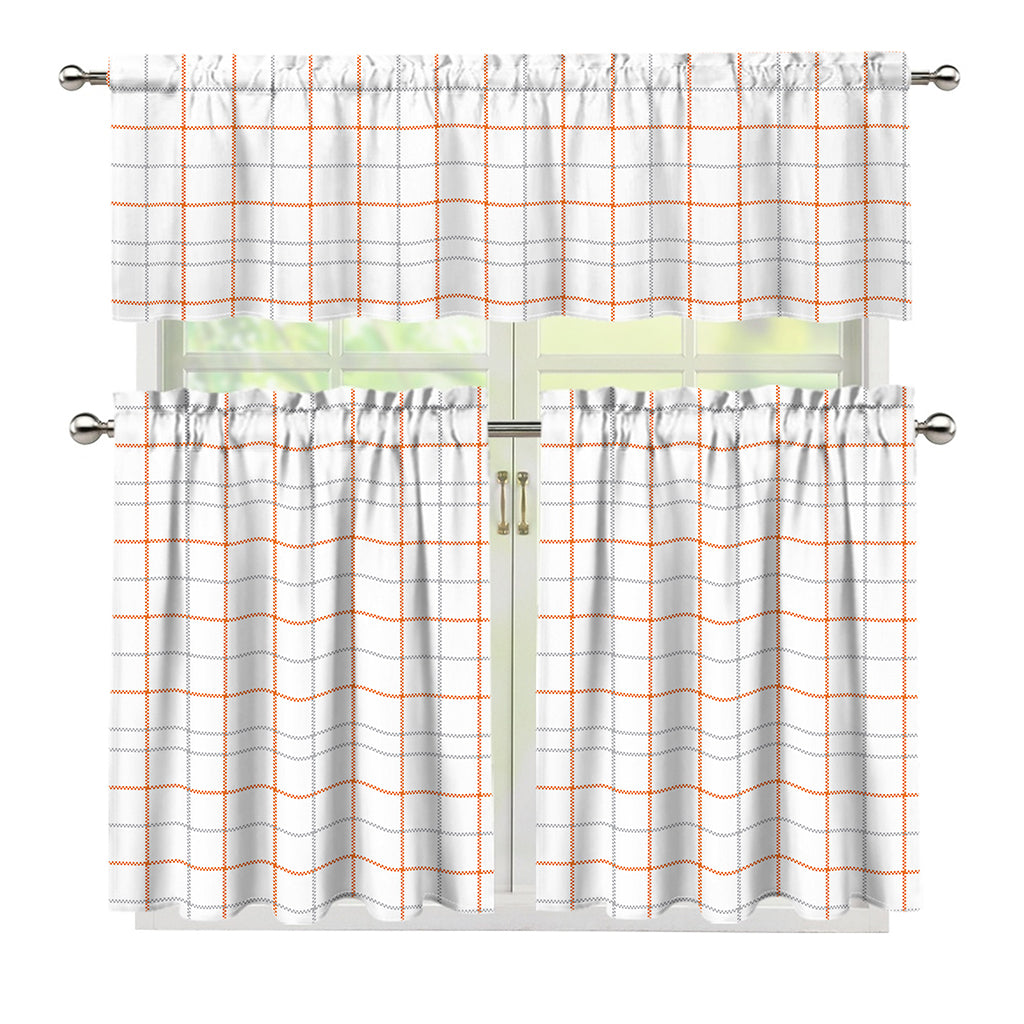 White Halloween Tattersall Pattern Print 3 Piece Kitchen Curtains