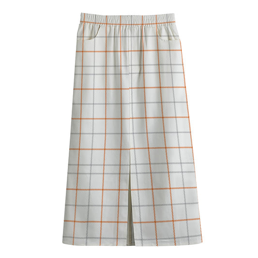 White Halloween Tattersall Pattern Print Cotton Front Slit Maxi Skirt