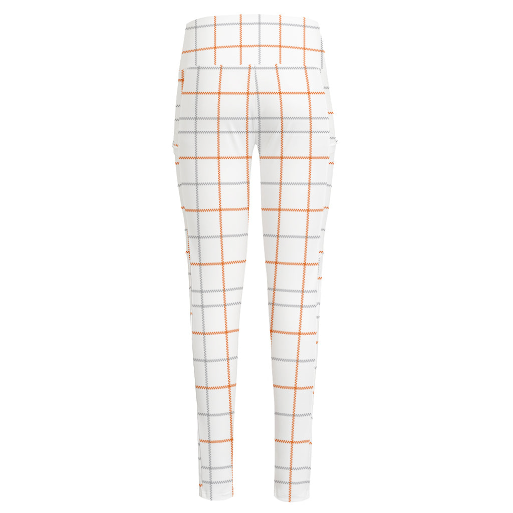 White Halloween Tattersall Pattern Print High-Waisted Pocket Leggings